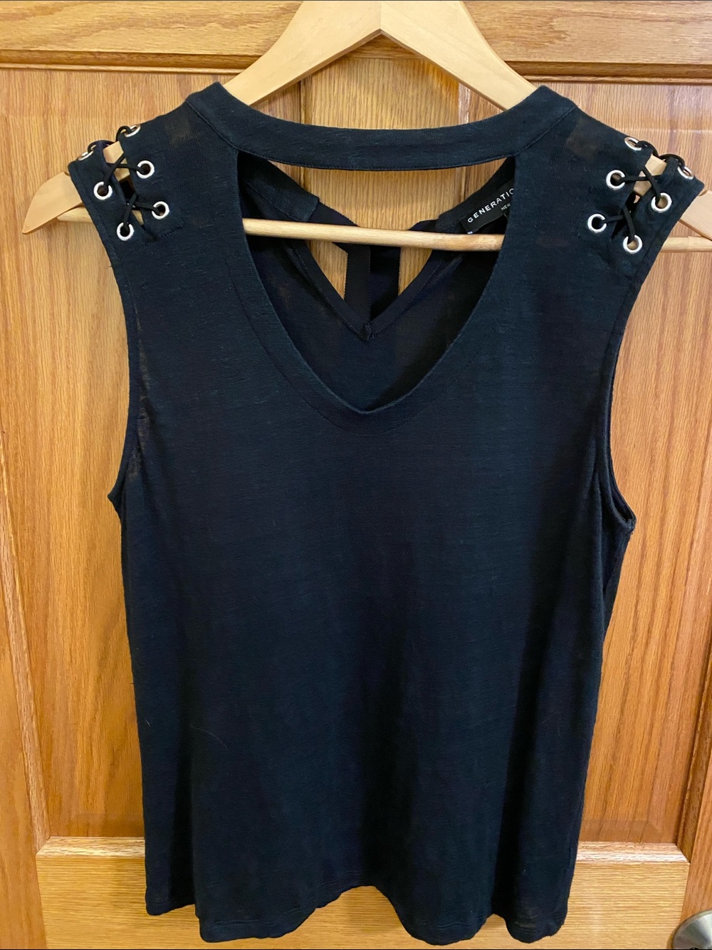 Generation Love Black Lace-Up Tie Back Keyhole Grommet Shoulder Tank Black M